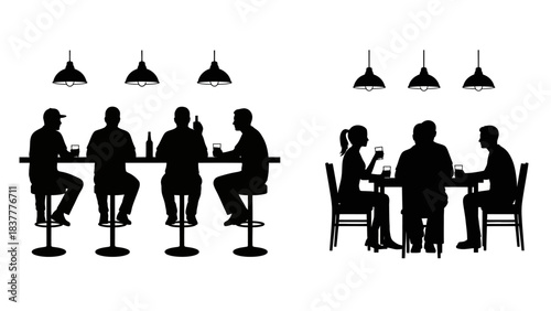 Silhouettes of people enjoying drinks and conversations at a vibrant bar and restaurant, depicting social gatherings and urban nightlife scenes
