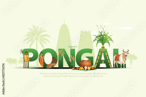 Vector illustration of Happy Pongal Holiday Harvest Festival of Tamil Nadu South India greeting vector background