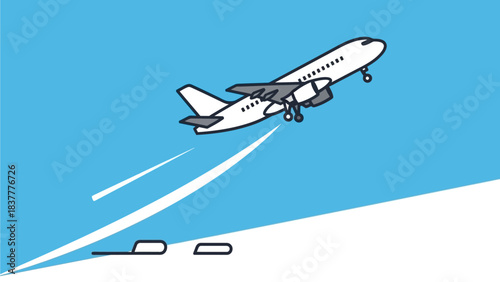 Airplane Ascending into the Blue Sky with Trailing Exhaust Marks