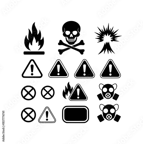 Collection of Warning and Danger Symbols: Fire, Skull, Explosion, Exclamation, Gas Mask