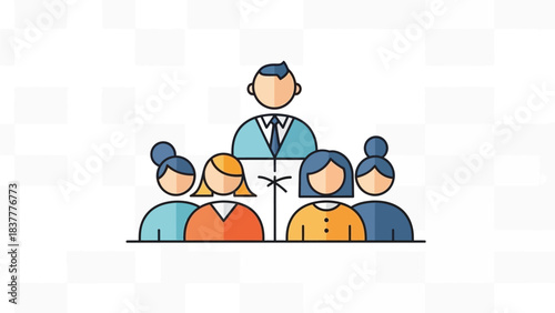 Leadership and teamwork concept illustration showing a professional business manager leading a corporate team. Organizational hierarchy and efficient collaboration visual