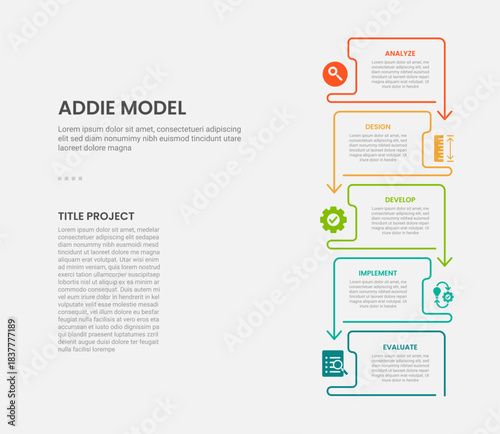 ADDIE model infographic outline style with 5 point template with creative vertical stack structure with arrow bottom direction for slide presentation