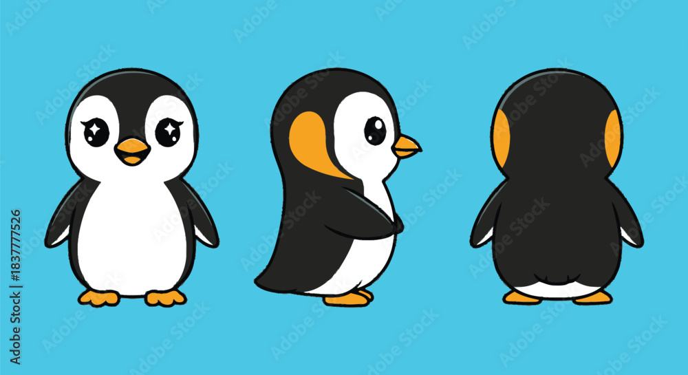 Naklejka premium Cute Cartoon Baby Penguin Character in Three Poses - Front, Side, and Back View