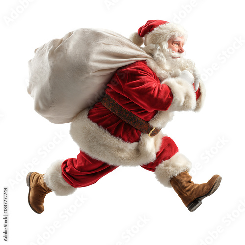 Santa Claus running with a sack full of gifts, isolated on white, png