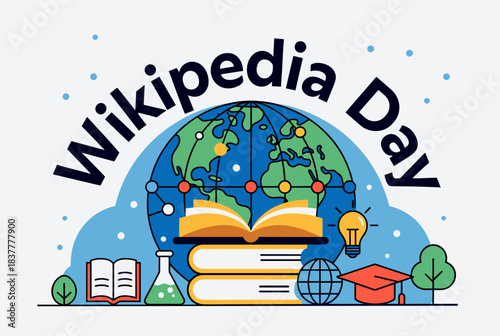 Illustration celebrating Wikipedia Day with a globe, open books, and educational symbols.