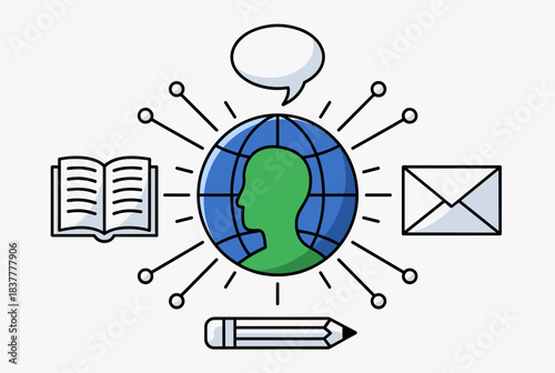 Global communication and knowledge sharing concept with interconnected digital and traditional media icons.
