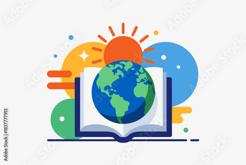 Flat design illustration of an open book with a globe, sun, and abstract elements representing global education and knowledge.