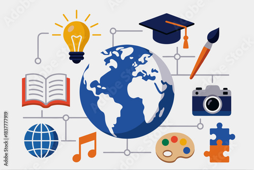 A global network of knowledge, education, arts, and technology icons surrounding the Earth.