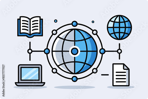 Illustration of a global network connecting information, learning, and digital resources, representing worldwide communication and education.