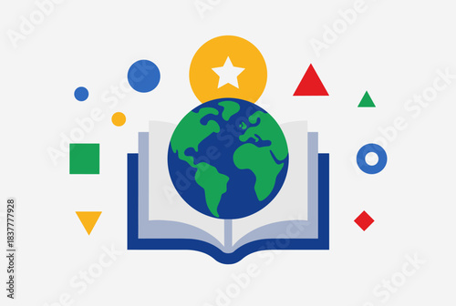 An open book with a globe on top, surrounded by colorful geometric shapes, symbolizing global education and knowledge.