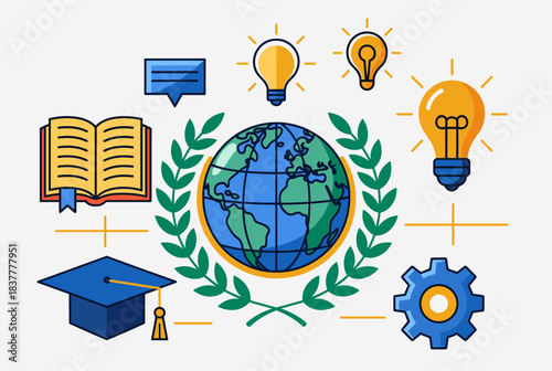 Global education and innovation concept with earth, book, graduation cap, light bulbs, and gear icons.