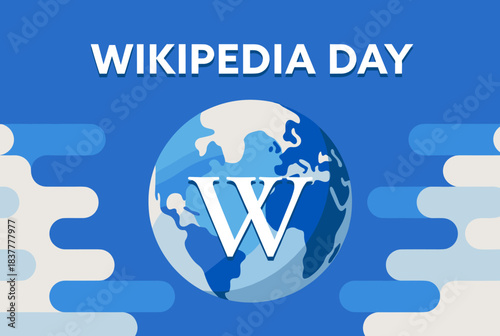 Illustration celebrating Wikipedia Day with the iconic globe logo and 'W' symbol on a blue background with clouds.