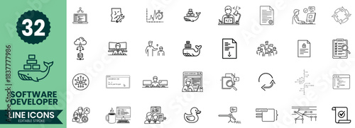 Software Developer Line Icons Set Coding, Programming, DevOps, UI/UX, Debugging & IT Tools