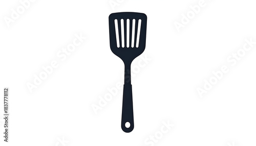 A dark blue silhouette of a slotted spatula, a kitchen utensil used for lifting and turning food during cooking
