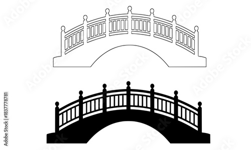 Classic Arched Bridge Vector Icon Set in Outline and Black Silhouette, Isolated Architecture Symbol for Connection, Travel, and Landscape Design