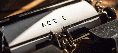 The Typewriter Closeup Showing ACT I Printed on Paper in Warm Light