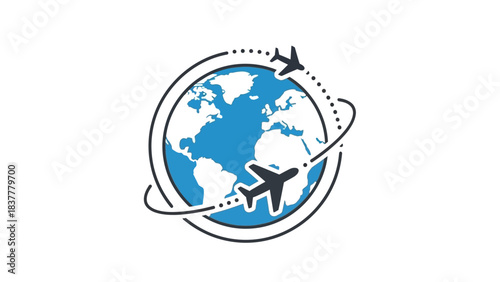 World Travel Illustration with Airplanes Flying Around Globe Global Tourism and International Flight Concept