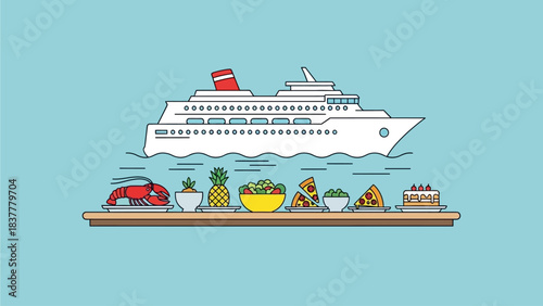 Cruise Vacation Illustration with Luxury Ship and Buffet Food Travel Holiday Concept on Blue Background