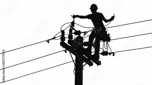 Silhouette of Lineworker at Work, Industrial Environment