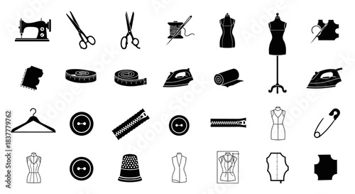Essential Sewing Tools and Tailoring Equipment Icon Set for Crafts and Fashion Design