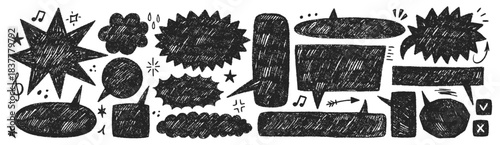 Set of text boxes with organic texture of crayon, chalk or pastel . Square, star, cloud in retro style. Black vector illustration on a white background.