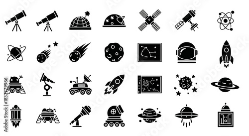 Space Exploration Science Technology Icons Set Vector Illustration for Cosmic Design Projects