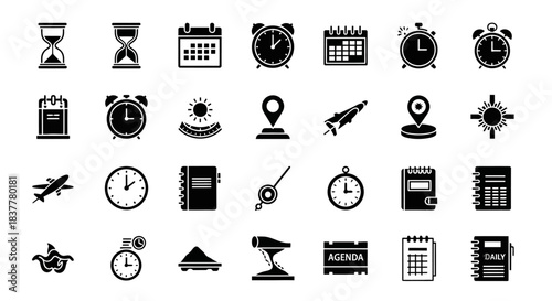 Time Management and Productivity Icons Featuring Clocks, Calendars, and Goal Setting Elements