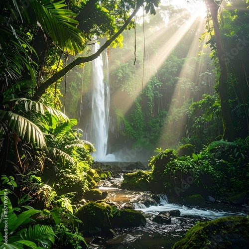 Waterfall cascading through lush, sunlit tropical rainforest
