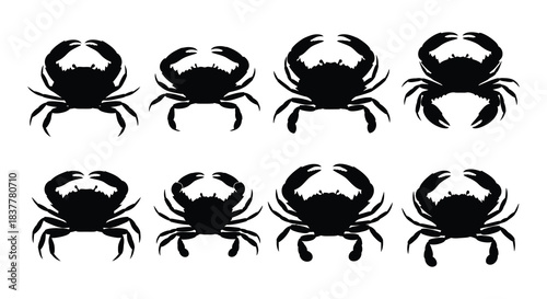 A collection of eight black silhouette crab illustrations arranged in a grid format
