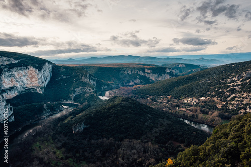 Impressive landscape within the gorge of Ardeche with high cliffs