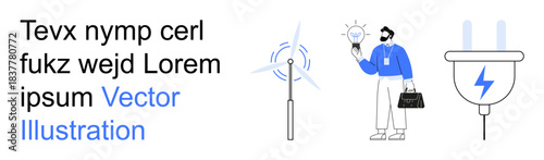 Renewable energy, sustainability, innovation, clean energy, eco-friendly technology, power solutions. A wind turbine, man with lightbulb idea and electric plug icon. Renewable energy