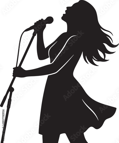 Black silhouette of a woman singing on white background, vector.