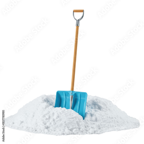 meticulously detailed light cyan polycarbonate snow shovel with a polished oak wood handle stands upright in fresh white granular snow against a minimalist high-key studio. concept of product