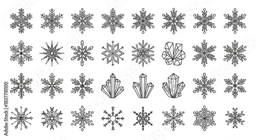 A collection of intricate snowflake and crystal illustrations, presented in a grid format against a white background.