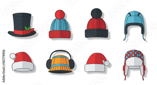 Collection of eight different winter hats and headwear, including a top hat, Santa hats, beanies, and earflap hats.
