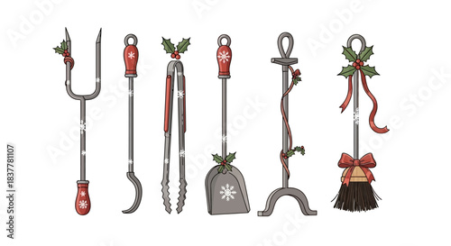 A set of six festive Christmas-themed fireplace tools, including a poker, tongs, shovel, brush, and stand, all adorned with holly, berries, snowflakes, and red ribbons.