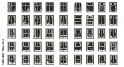 A grid of 40 windows, each with a unique design and curtain style, arranged in five rows and eight columns.