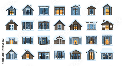 Collection of various winter-themed house facades with snow-covered roofs and glowing windows, showcasing different architectural styles and designs.