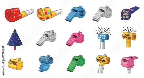 A collection of colorful party noisemakers and whistles, including a Christmas tree-shaped noisemaker, arranged in a grid.