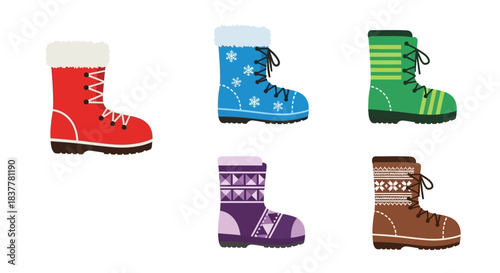 A collection of five different styles of winter boots, each with unique colors and patterns.