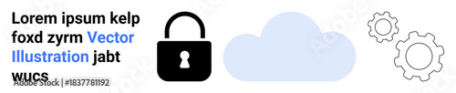 Data security, cloud storage, cybersecurity, technology processes, information security, system operations. Black lock, blue cloud outlined gears. Data security and cloud storage concepts