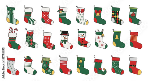 A collection of 28 colorful Christmas stockings with various festive patterns and designs, arranged in rows.
