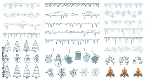 Collection of Winter Themed Decorative Elements Including Snowflakes, Icicles, Snowmen, Christmas Trees, and Campfires.