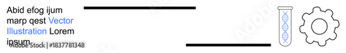 Biotechnology, scientific research, innovation, lab experimentation, DNA analysis, precision tools. Test tube with DNA strand and gear symbol. Biotechnology and scientific research