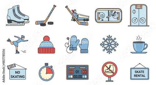 Collection of winter sports and ice skating related icons, including skates, hockey equipment, and rink amenities.