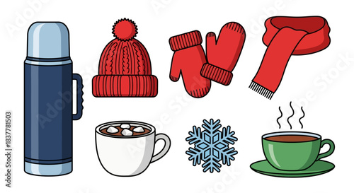 A collection of winter-themed items including a thermos, a knitted hat, mittens, a scarf, a mug of hot chocolate, a snowflake, and a cup of coffee.