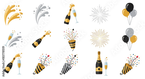 A collection of festive celebration icons including champagne bottles, popping confetti crackers, bursts of fireworks, and balloons.