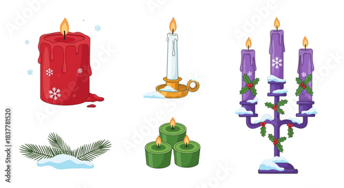 A collection of festive Christmas candles, including a red pillar candle, a white taper candle, and a purple advent candelabra, all adorned with snow and festive decorations.