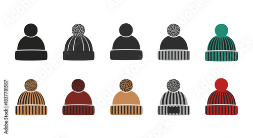 A collection of ten knitted winter hats with pom-poms, displayed in two rows against a white background.