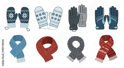 A collection of winter accessories including various styles of mittens, gloves, and scarves, presented in a clean, flat illustration style.